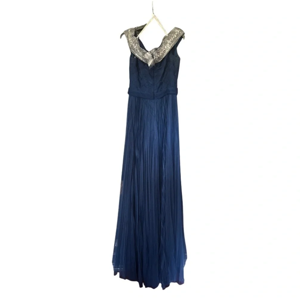 Chic Navy Blue Maxi Dress with Embellished Neckline - Picture 2 of 7